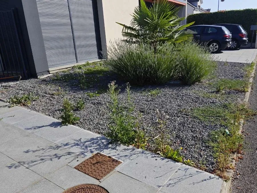 Avant : les abords gravillonnés d’une maison
